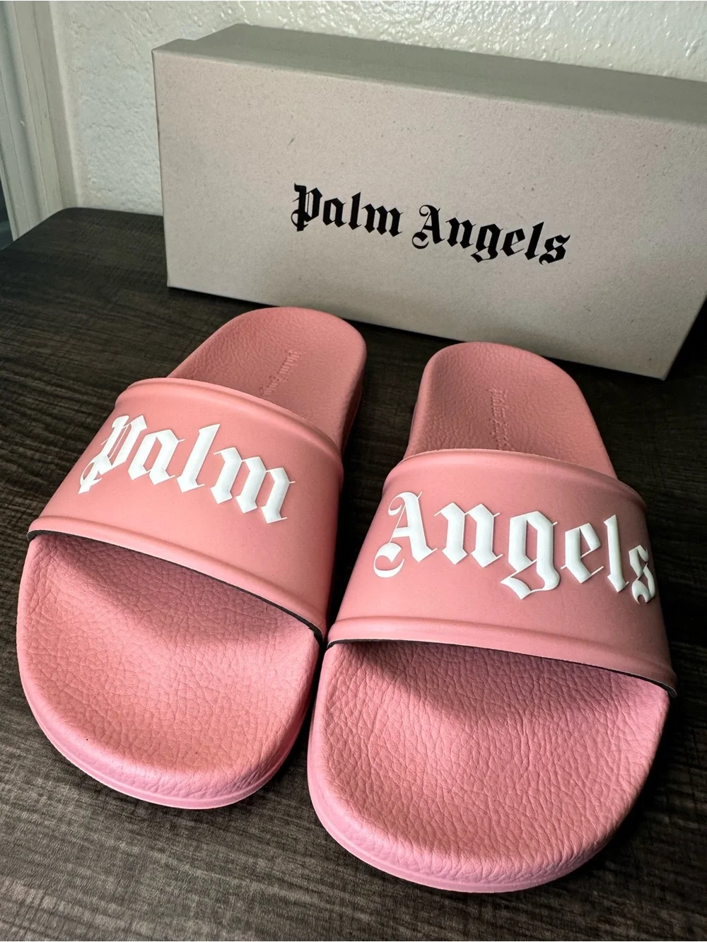 Palm Angels kids Pink Slide Sandals with White Logo